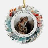 Moderne Kerstkrans | Getrouwd en Vrolijk Foto Keramisch Ornament (Voorkant)