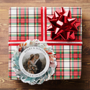 Moderne Kerstkrans   Getrouwd en Vrolijk Foto Ornament Kaart