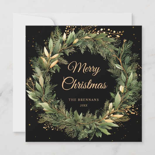 Moderne Kerstkrans Goud Zwart Botanisch Feestdagenkaart (Voorkant)