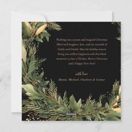 Moderne Kerstkrans Goud Zwart Botanisch Feestdagenkaart (Achterkant)