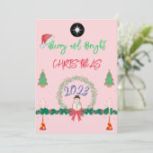 Moderne Kerstkrans Merry And Bright 2023 Feestdagenkaart (Staand voorkant)
