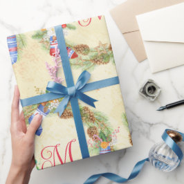 Moderne Kerstkrans Rood Geel Letter  Cadeaupapier