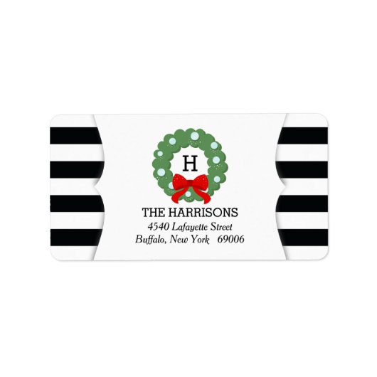 Moderne Kerstkrans Zwart Wit Strepen Etiket (Voorkant)