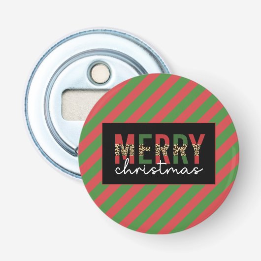Moderne kerstluipaard afdrukken Rode groene strepe Button Flesopener (Voorkant)
