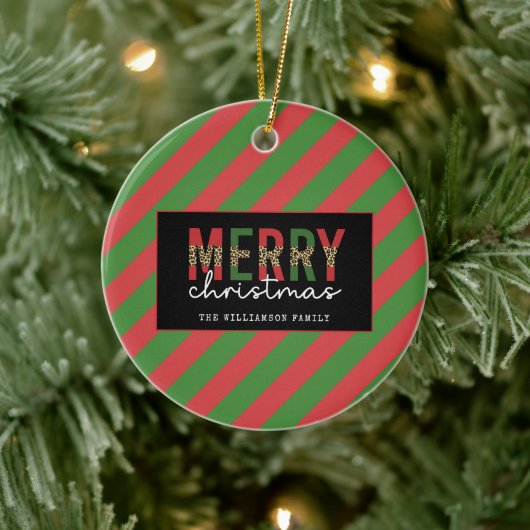 Moderne kerstluipaard afdrukken Rode groene strepe Keramisch Ornament (Boom)