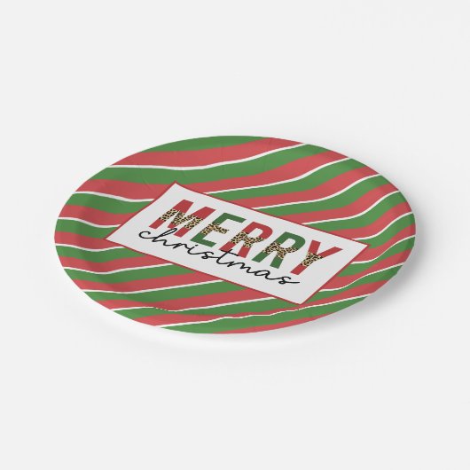 Moderne kerstluipaard afdrukken Rode groene strepe Papieren Bordje (Gekanteld)