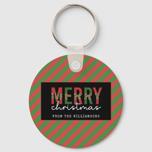 Moderne kerstluipaard afdrukken Rode groene strepe Sleutelhanger (Voorkant)