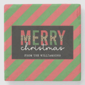 Moderne kerstluipaard afdrukken Rode groene strepe Stenen Onderzetter (Voorkant)