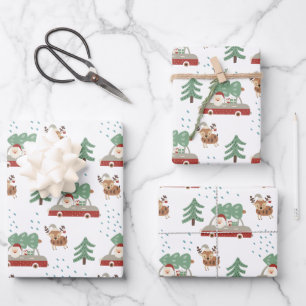 Moderne Kerstman Besneeuwd Bos Kerstmis Inpakpapier Vel