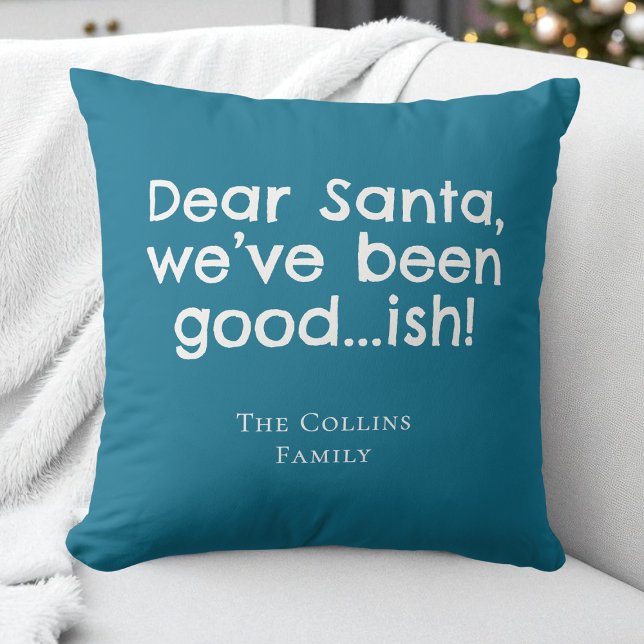 Moderne Kerstman Teal Persoonlijke Humor Kerstmis Kussen (Modern Fun Santa Teal Personalized Humor Christmas Throw Pillow)