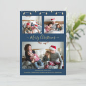 Moderne kerstmarinefoto Blue Gold Collage Feestdagenkaart (Staand voorkant)