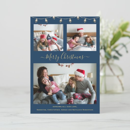 Moderne kerstmarinefoto Blue Gold Collage Feestdagenkaart (Staand voorkant)