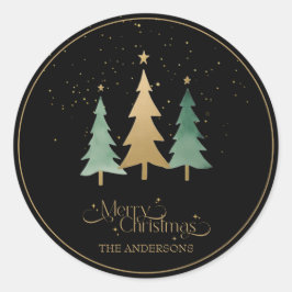 Moderne kerstminimalistische dennenbomen zwart ronde sticker