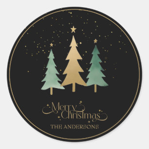 Moderne kerstminimalistische dennenbomen zwart ronde sticker