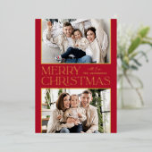 Moderne Kerstmis 2 Foto rood en goud Folie Feestdagenkaart (Staand Voorkant)
