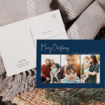 Moderne Kerstmis | Blauw drie-foto Feestdagenkaart<br><div class="desc">Deze moderne kerst | blauw briefkaart met drie foto's is ideaal voor uw minimalistische shabby chic boho blue en white vakantion groet. De minimale witte handgeschreven kalligrafie is delicaat en robuust, terwijl het klasje en elegant blijft. U zult vinden dat alles over dit product editable is, zodat voel vrij om...</div>