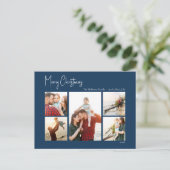 Moderne Kerstmis | Blue Script Five-Photo Feestdagenkaart (Staand voorkant)