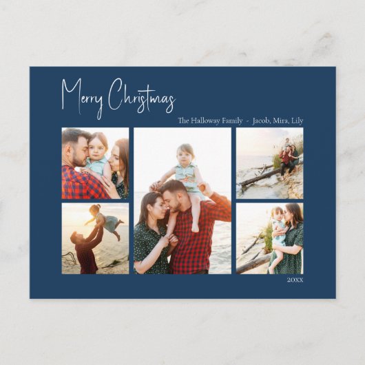 Moderne Kerstmis | Blue Script Five-Photo Feestdagenkaart (Voorkant)