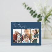 Moderne Kerstmis | Blue Three-Photo Holiday Kaart (Staand voorkant)
