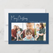 Moderne Kerstmis | Blue Three-Photo Holiday Kaart (Voorkant)