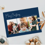 Moderne Kerstmis | Blue Three-Photo Holiday Kaart<br><div class="desc">Deze moderne kerst | blauwe drie-foto-vakantiekaart is perfect voor uw minimalistische shabby chic boho blue en white vakantion groet. De minimale witte handgeschreven kalligrafie is delicaat en robuust, terwijl het klasje en elegant blijft. U zult vinden dat alles over dit product editable is, zodat voel vrij om afbeeldingen of meer...</div>