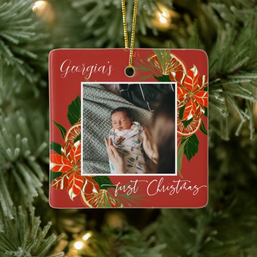 Moderne Kerstmis Botanisch | Eerste kerstfoto Keramisch Ornament (Boom)