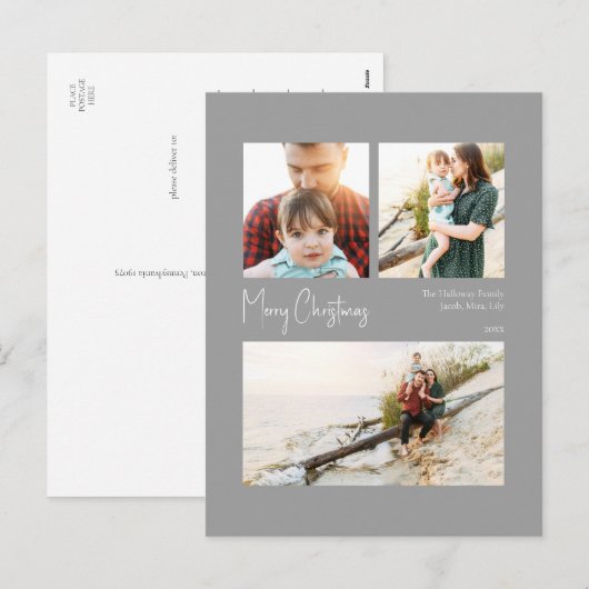 Moderne Kerstmis | Driefoto's met zilver-centreerd Feestdagenkaart (Voorkant / Achterkant)