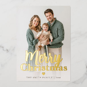 Moderne Kerstmis Familie Foto met Goud Folie Feestdagenkaart