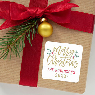 Moderne Kerstmis Familienaam in Gouden Schrift Vierkante Sticker