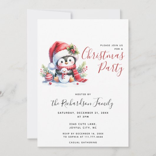 Moderne Kerstmis Feest Mooie Pinguïn Kerstmis Kaart (Voorkant)