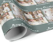Moderne Kerstmis Foto Collage Grijs Groen Cadeaupapier (Rol Hoek)