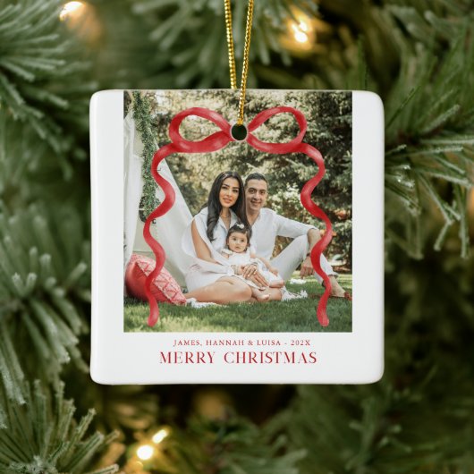Moderne Kerstmis Foto met Rode Strik Keramisch Ornament (Boom)