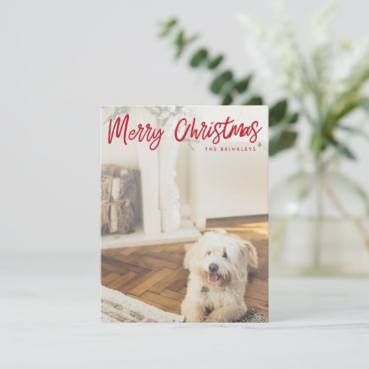 Moderne Kerstmis | Foto rood handgeschreven script Feestdagenkaart (Staand voorkant)