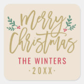 Moderne Kerstmis Gouden Script Op Maat Vierkante Sticker (Voorkant)