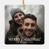 Moderne Kerstmis Koppel Foto met Script Keramisch Ornament (Voorkant)
