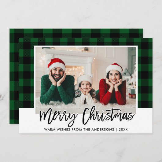 Moderne kerstmis met penseel met groen geplakt pen feestdagenkaart (Voorkant / Achterkant)