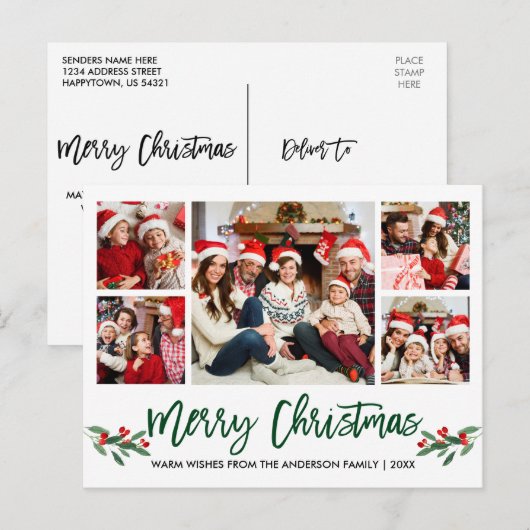 Moderne kerstmis met penseelscript, groen, 5-fotos briefkaart (Voorkant / Achterkant)