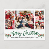 Moderne kerstmis met penseelscript, groen, 5-fotos briefkaart (Voorkant)
