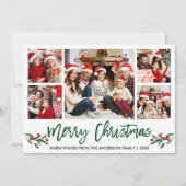 Moderne kerstmis met penseelscript, groen, 5-fotos feestdagenkaart (Voorkant)
