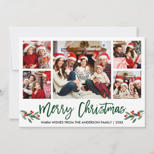 Moderne kerstmis met penseelscript, groen, 5-fotos feestdagenkaart (Voorkant)
