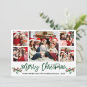 Moderne kerstmis met penseelscript, groen, 5-fotos feestdagenkaart (Staand voorkant)