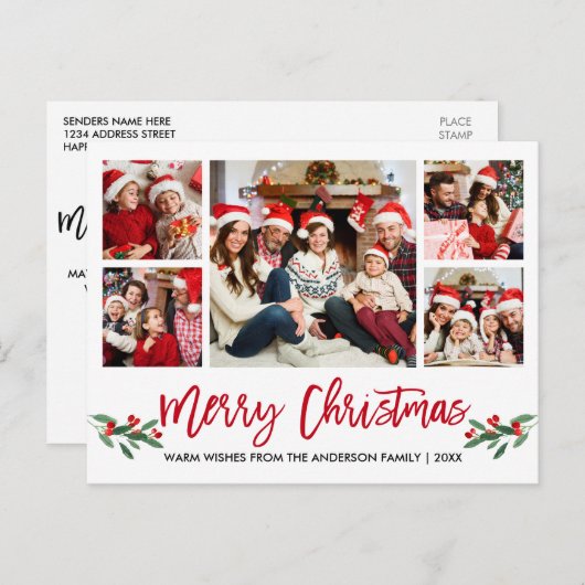 Moderne kerstmis met penseelscript, rood 5-fotoser briefkaart (Voorkant / Achterkant)