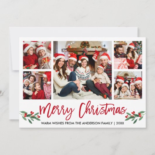 Moderne kerstmis met penseelscript, rood 5-fotoser feestdagenkaart (Voorkant)