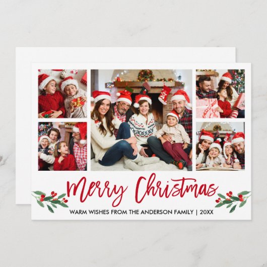 Moderne kerstmis met penseelscript, rood 5-fotoser feestdagenkaart (Voorkant / Achterkant)