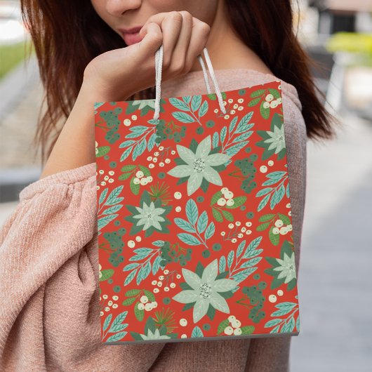 Moderne Kerstmis met Vette Rode Bloemen Medium Cadeauzakje