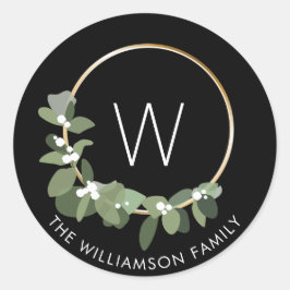 Moderne kerstmis | Monogram | Familienaam Ronde Sticker