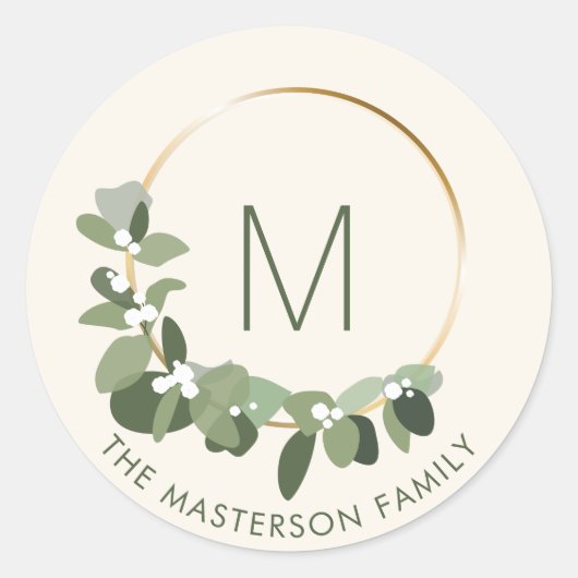 Moderne kerstmis | Monogram | Familienaam Ronde Sticker (Voorkant)