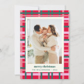 Moderne Kerstmis Plaid Rood Groen Verticaal 2 Foto Feestdagenkaart (Voorkant)