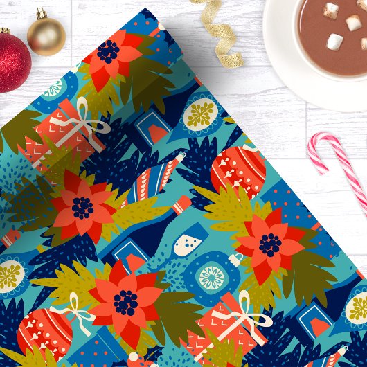 Moderne Kerstmis Poinsettia Wijn Cadeaupapier