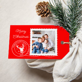 Moderne Kerstmis Postzegel Familie Foto Rood Cadeaulabel